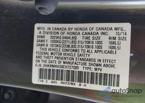 2014 Honda Cr-V Lx z USA, uszkodzony, nr VIN 2HKRM4H3XEH727089